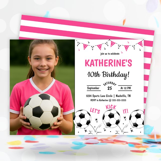 Invitación Foto de fiesta de cumpleaños de fútbol rosa (Pink Soccer Photo Birthday Invitation)