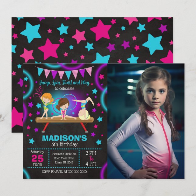 Invitación Foto de fiesta de cumpleaños de gimnasia con brill (Anverso / Reverso)