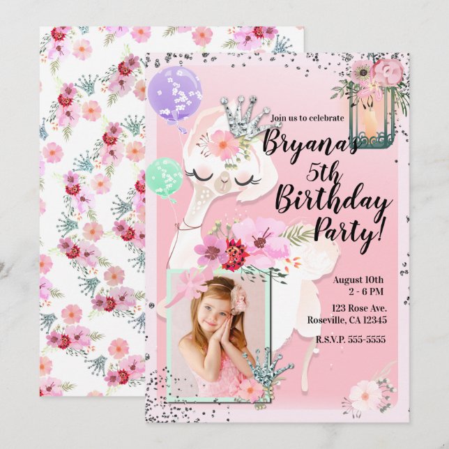 Invitación Foto de fiesta de cumpleaños de la princesa llama  (Anverso / Reverso)