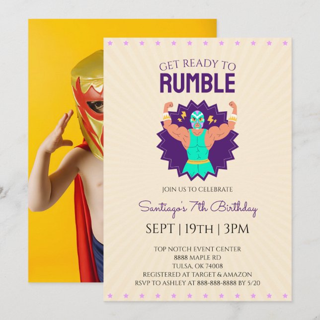 Invitación Foto de fiesta de cumpleaños de lucha libre retro (Anverso / Reverso)