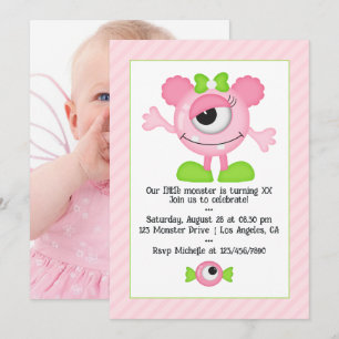 Invitación Foto de fiesta de cumpleaños de monstruo rosa lind