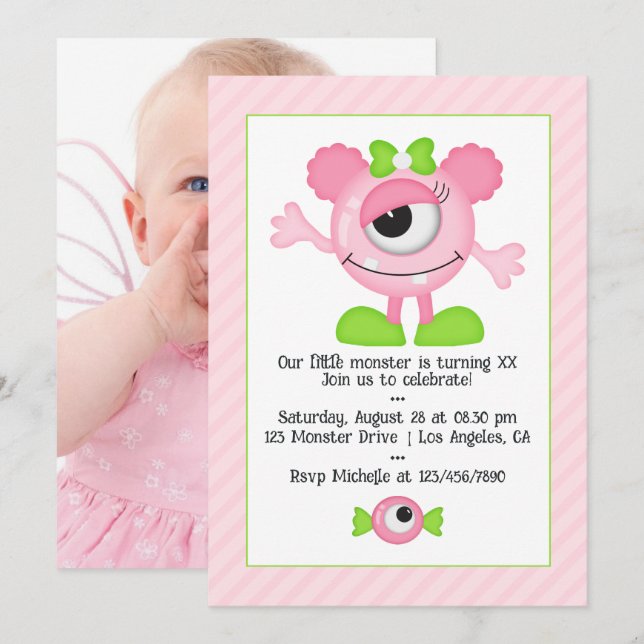 Invitación Foto de fiesta de cumpleaños de monstruo rosa lind (Anverso / Reverso)