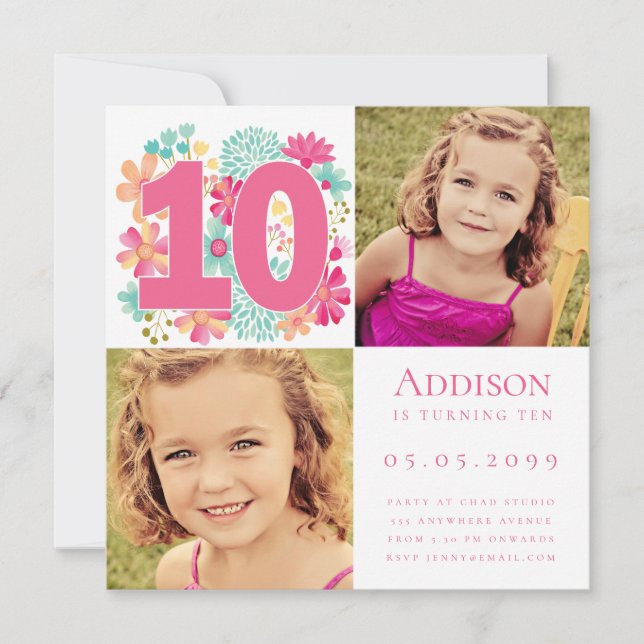 Invitación Foto de fiesta de cumpleaños de niñas de 10 años (Anverso)