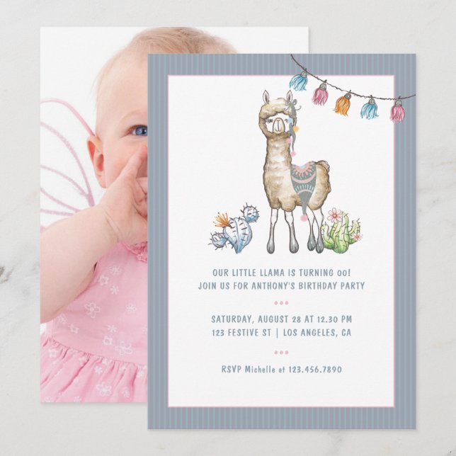 Invitación Foto de fiesta de cumpleaños de niños con llama ac (Anverso / Reverso)