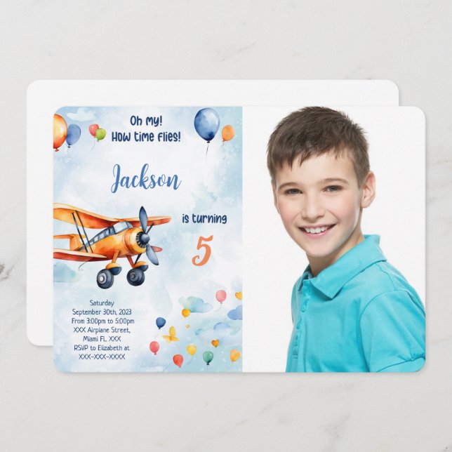 Invitación Foto de Fiesta de cumpleaños de niños de avión nar (Anverso / Reverso)