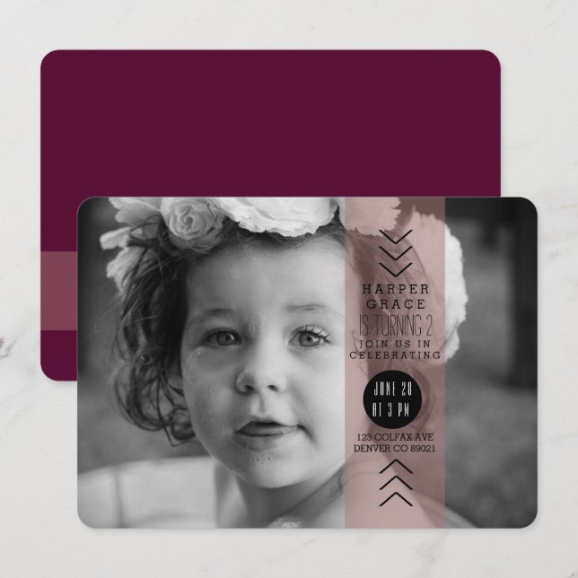 Invitación Foto de fiesta de cumpleaños de Opaque Plum Ribbon (Anverso / Reverso)