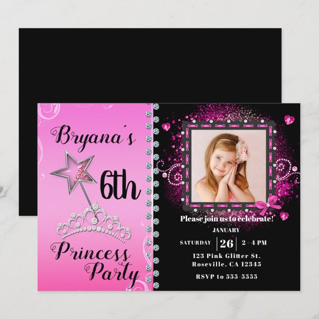Invitación Foto de fiesta de cumpleaños de Princesa Rosa y Ne (Anverso / Reverso)