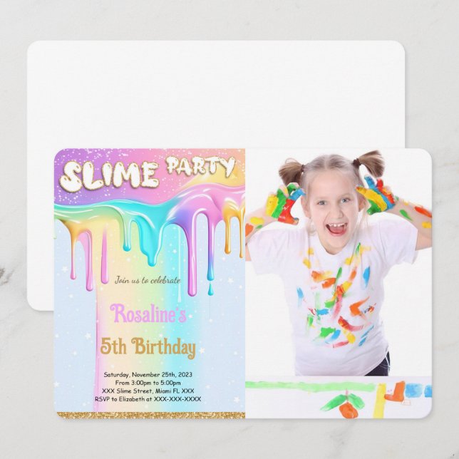 Invitación Foto de fiesta de cumpleaños de Rainbow Slime (Anverso / Reverso)
