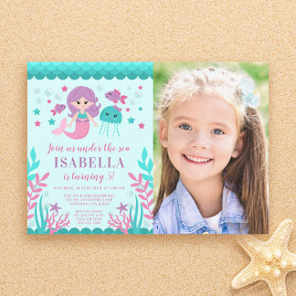Invitación Foto de fiesta de cumpleaños de sirena linda