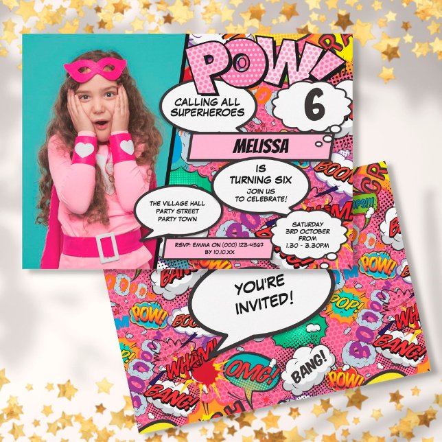 Invitación Foto de fiesta de cumpleaños de superheroína rosa (Subido por el creador)
