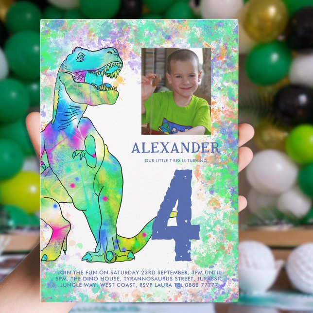 Invitación Foto de fiesta de cumpleaños de T-Rex Dinosaur (Colorful T-Rex dinosaur 4th birthday party invitation with kids photo)