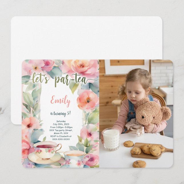 Invitación Foto de fiesta de cumpleaños de té editable (Anverso / Reverso)
