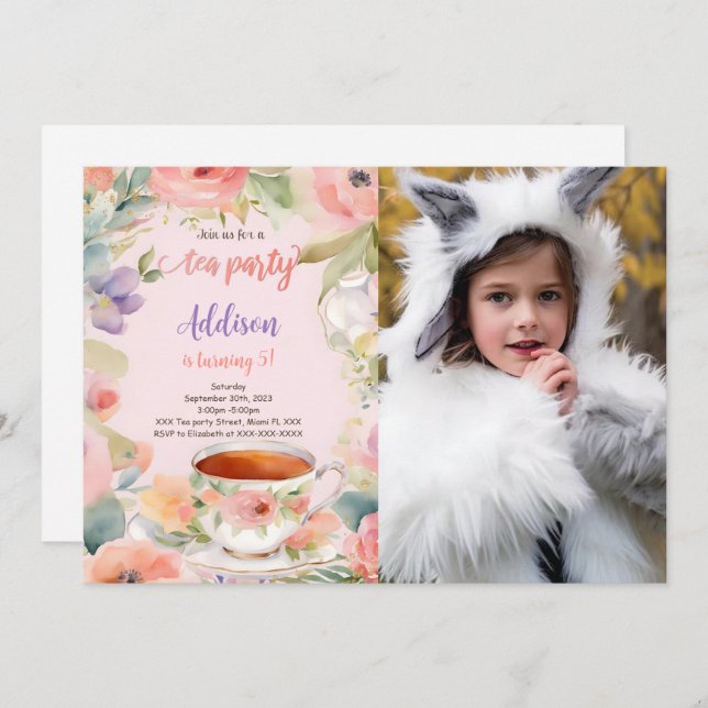 Invitación Foto de fiesta de cumpleaños de té editable (Anverso / Reverso)