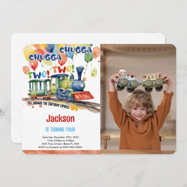 Invitación Foto de fiesta de cumpleaños de tren de 4 años (Anverso / Reverso)