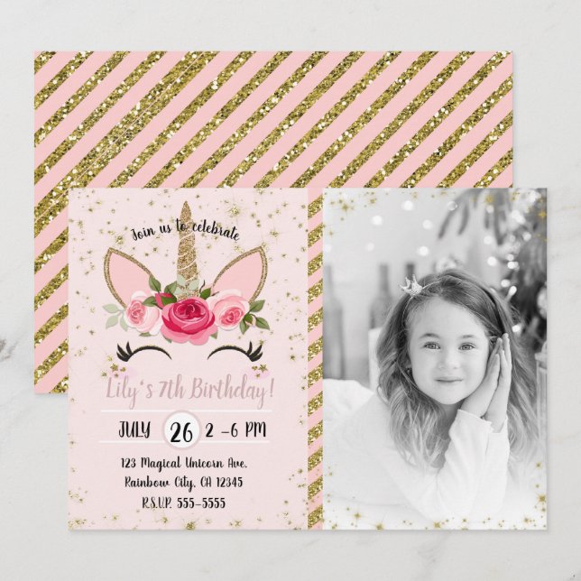 Invitación Foto de Fiesta de Cumpleaños de Unicornio con Bril (Anverso / Reverso)