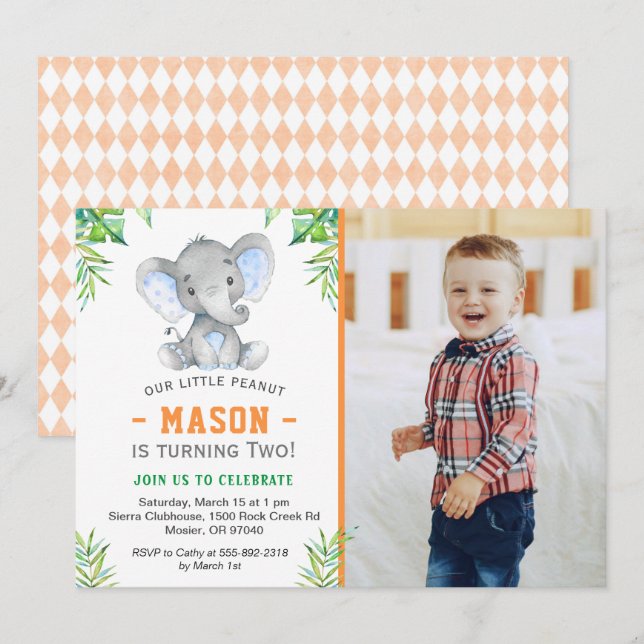 Invitación Foto de fiesta de cumpleaños del elefante pequeño  (Anverso / Reverso)