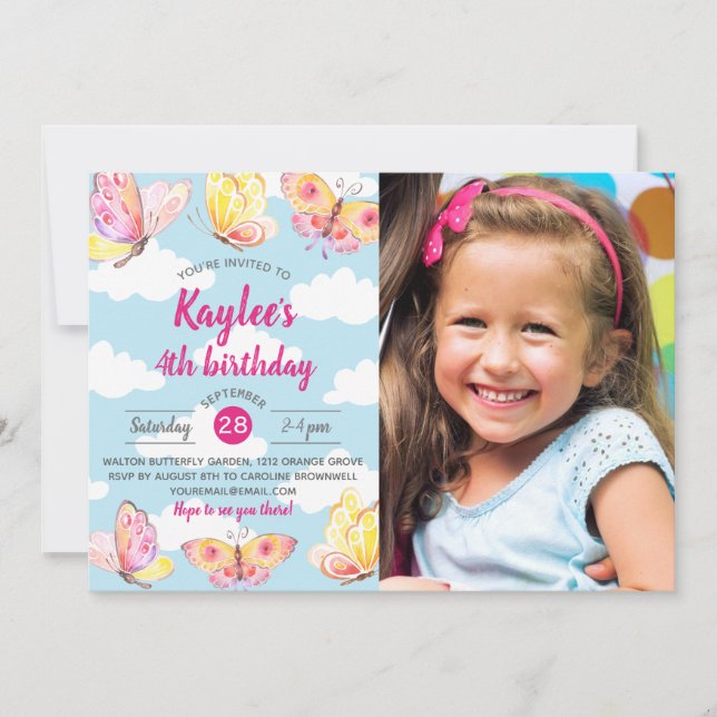 Invitación Foto de fiesta de cumpleaños del tema de la maripo (Anverso)