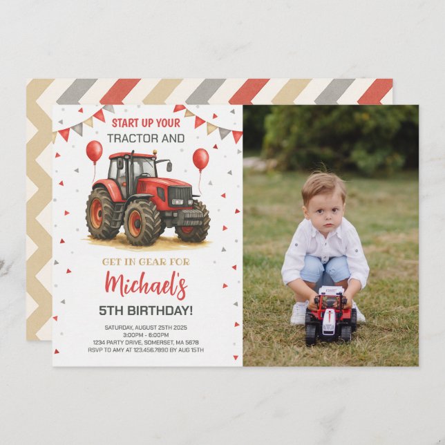 Invitación Foto de fiesta de cumpleaños del tema del Tractor  (Anverso / Reverso)