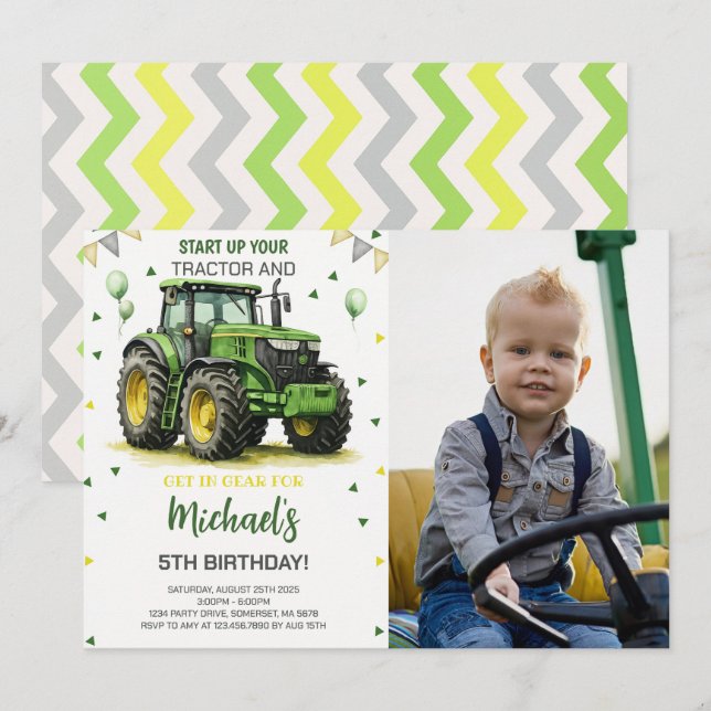 Invitación Foto de fiesta de cumpleaños del tema del Tractor  (Anverso / Reverso)