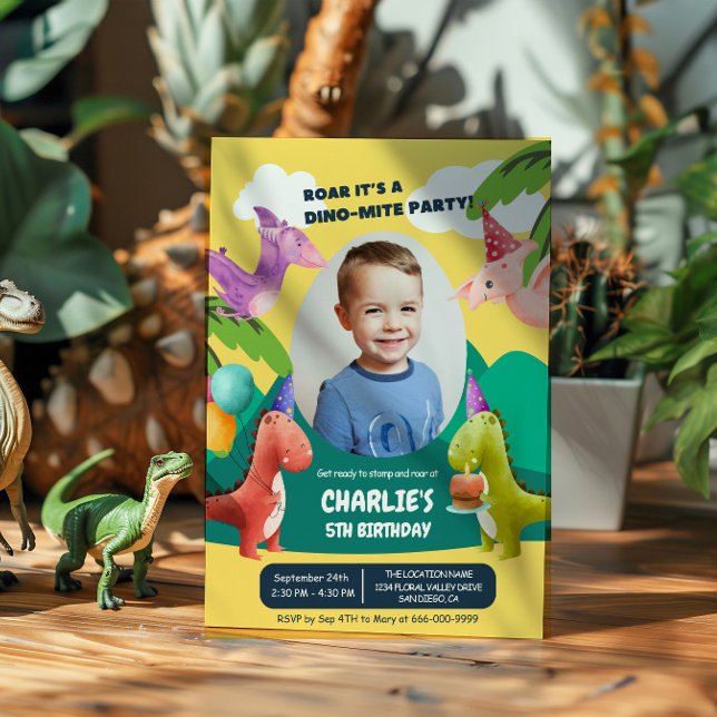Invitación Foto de fiesta de cumpleaños Dinosaur Stomp Chomp  (Dinosaur Birthday Party Invitation with photo)