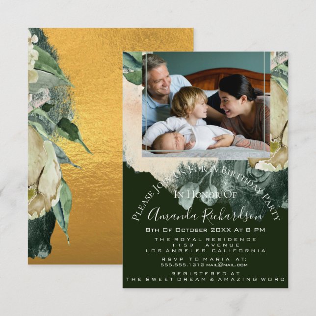 Invitación Foto de fiesta de cumpleaños Floral Gold Green enm (Anverso / Reverso)