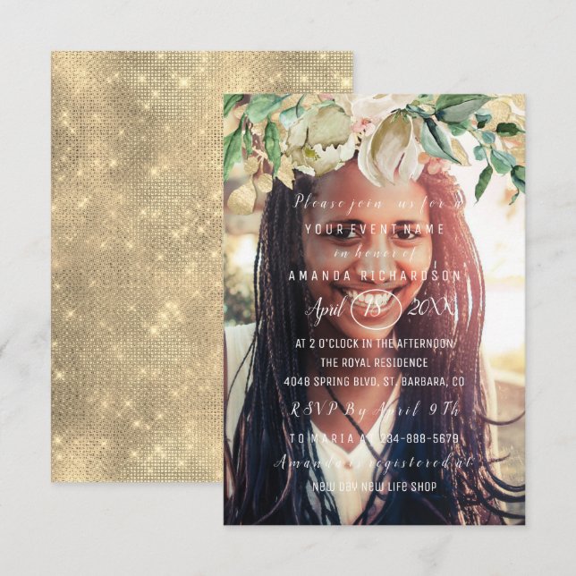 Invitación Foto de fiesta de cumpleaños Flores Brunch Spark G (Anverso / Reverso)