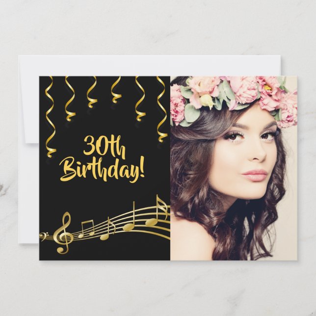 Invitación Foto de fiesta de cumpleaños glam oro negro (Anverso)