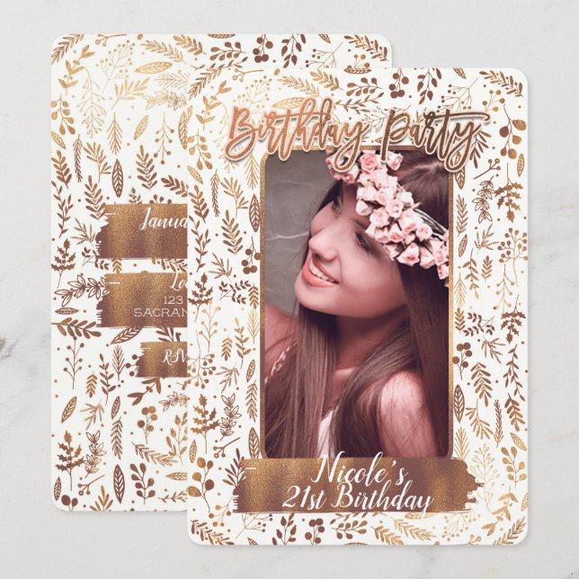 Invitación Foto de fiesta de cumpleaños moderna de bronce cob (Anverso / Reverso)