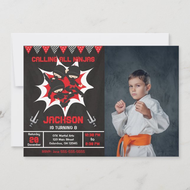 Invitación Foto de fiesta de cumpleaños Ninja Karate Ninja (Anverso)