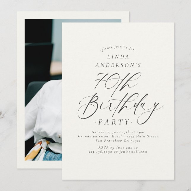 Invitación Foto de fiesta de cumpleaños número 70 con letra e (Anverso / Reverso)