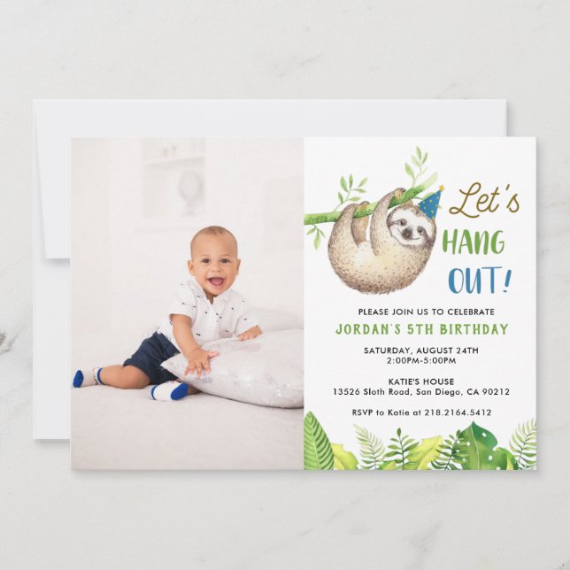 Invitación Foto de fiesta de cumpleaños temática de Boy Sloth (Anverso)