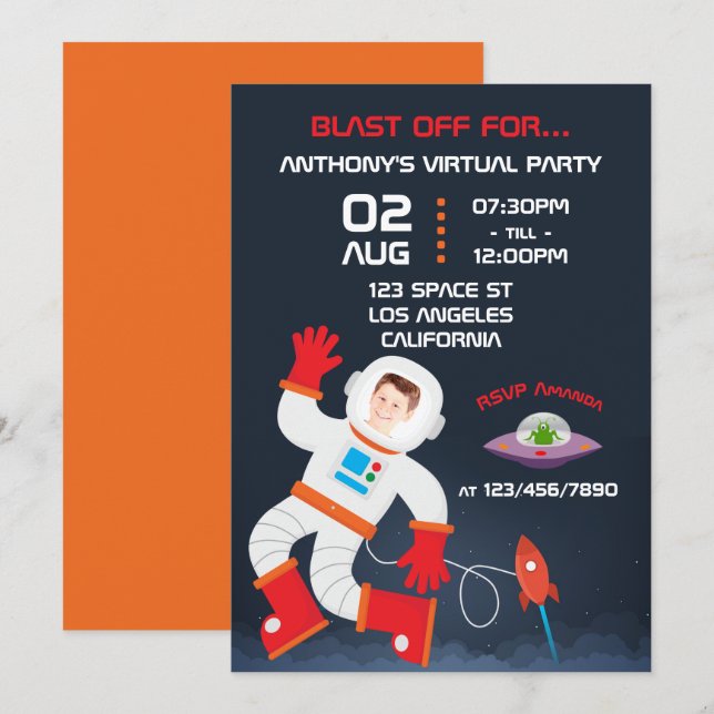 Invitación Foto de fiesta de cumpleaños virtual temática en e (Anverso / Reverso)