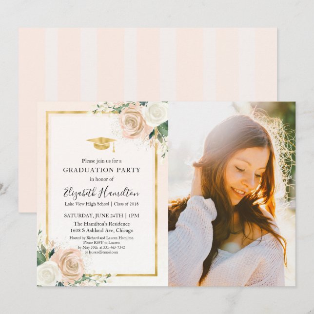 Invitación Foto de Fiesta de Grado Floral Rosa Rubor & Reliev (Anverso / Reverso)