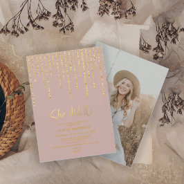 Invitación Foto de Fiesta de grado Rosa  de oro Purpurina de 