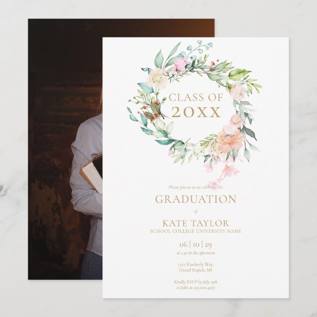 Invitación Foto de fiesta de graduación floral acuática moder (Anverso / Reverso)