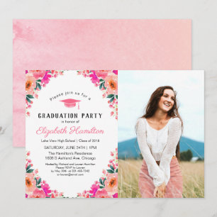 Invitación Foto de fiesta de graduación floral con acuarela b