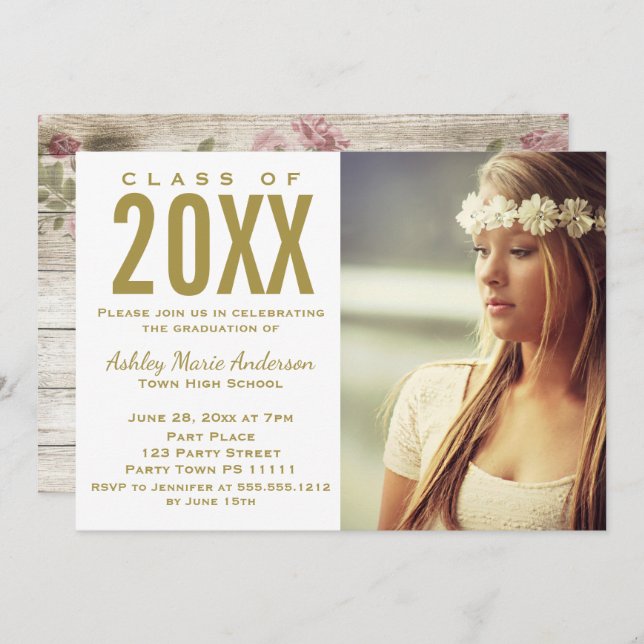 Invitación Foto de fiesta de graduación floral de madera rúst (Anverso / Reverso)