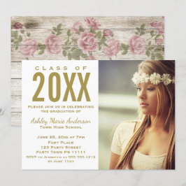 Invitación Foto de fiesta de graduación floral de madera rúst