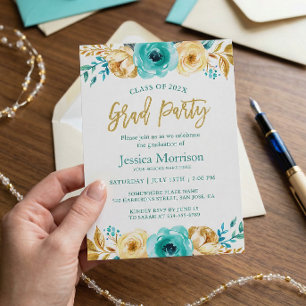 Invitación Foto de Fiesta de Graduación Floral Dorada Moderna