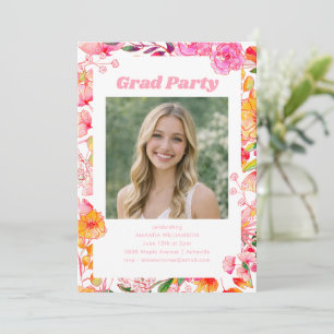 Invitación Foto de Fiesta de Graduación Floral Naranja Rosa 2
