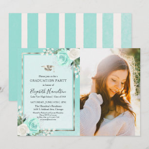 Invitación Foto de fiesta de graduación floral plateada y tea