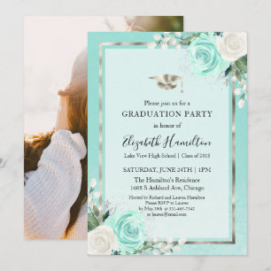 Invitación Foto de fiesta de graduación floral plateada y ver