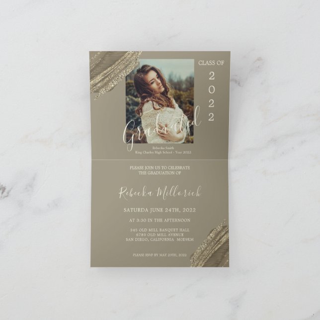 Invitación Foto de fiesta de graduación marrón verde dorado e (Interior)
