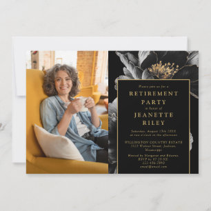 Invitación Foto de fiesta de jubilación floral chic negro y d