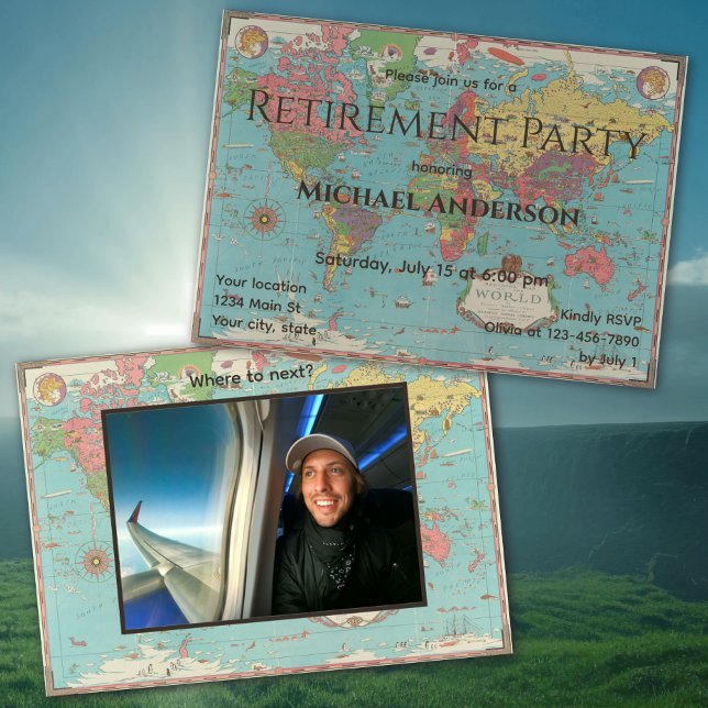 Invitación Foto de fiesta de jubilación personalizada con map (Subido por el creador)