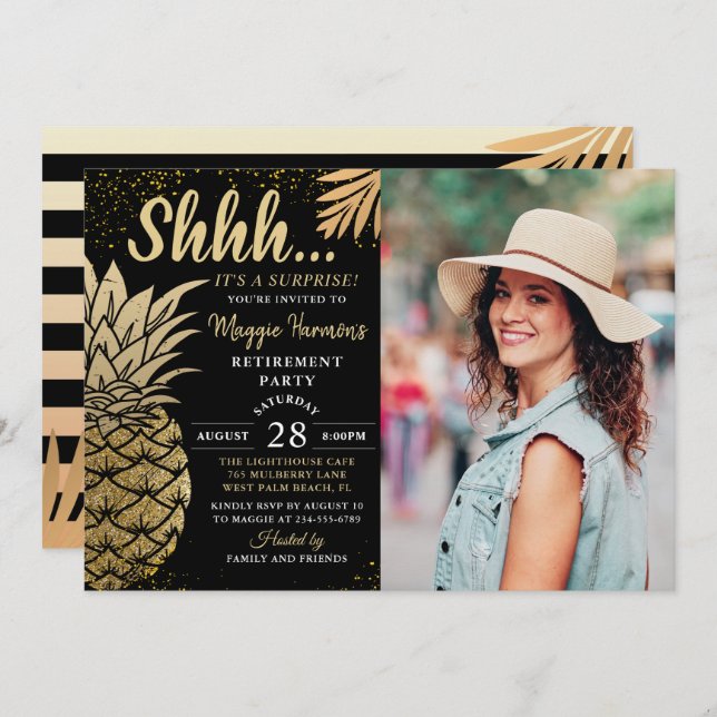 Invitación Foto de fiesta de jubilación sorpresa de piña dora (Anverso / Reverso)