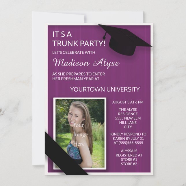 Invitación Foto de Fiesta de maletero de Purple College (Anverso)