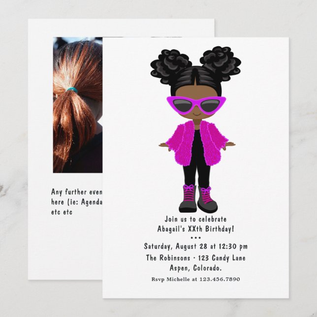 Invitación Foto de fiesta de moda de niña negra (Anverso / Reverso)