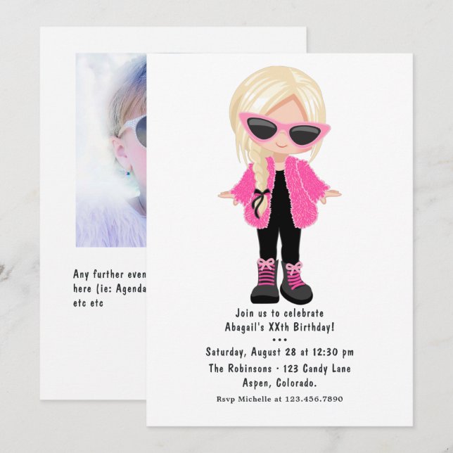 Invitación Foto de fiesta de niña de moda (Anverso / Reverso)
