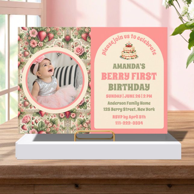 Invitación Foto de Fiesta de primer cumpleaños de fresa vinta (Subido por el creador)